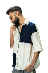 Denim Drift - Zip Up Cotton Shirt with Drop Shoulder