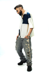 Denim Drift - Zip Up Cotton Shirt with Drop Shoulder