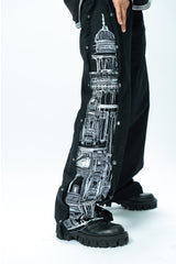 Black Denim Wide Leg Convertible Snap Trousers