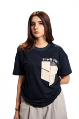 Blue Script – Oversized Army Pocket Tee Women