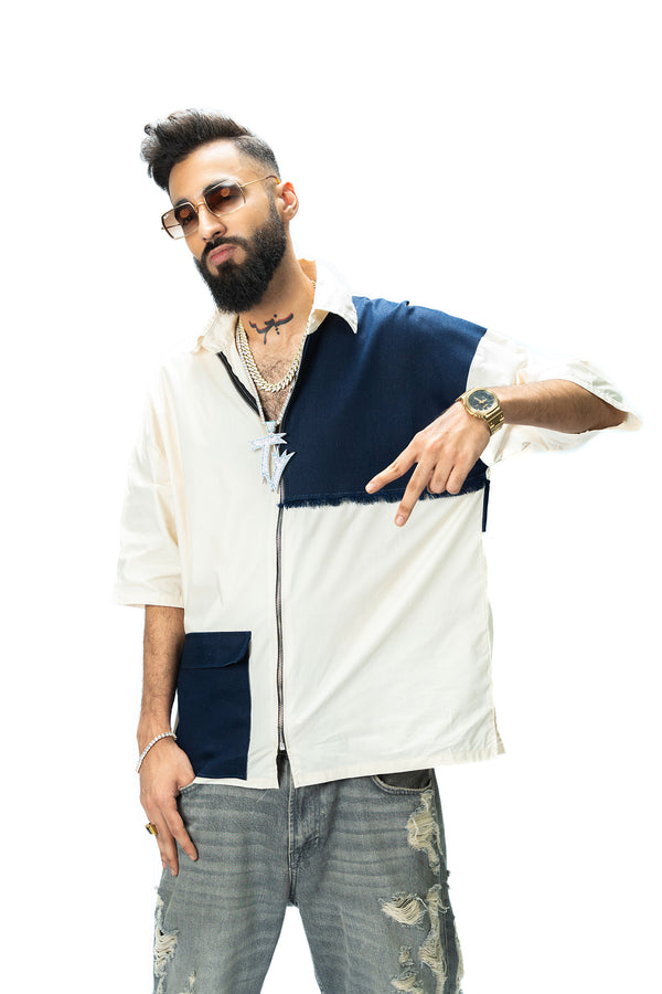 Denim Drift - Zip Up Cotton Shirt with Drop Shoulder