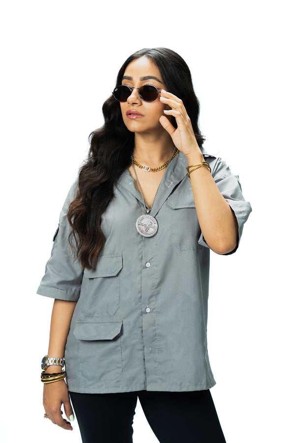 Urban Grey Drop Shoulder Flap Pocket Shirt