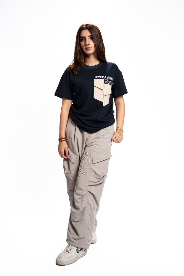 Blue Script – Oversized Army Pocket Tee Women